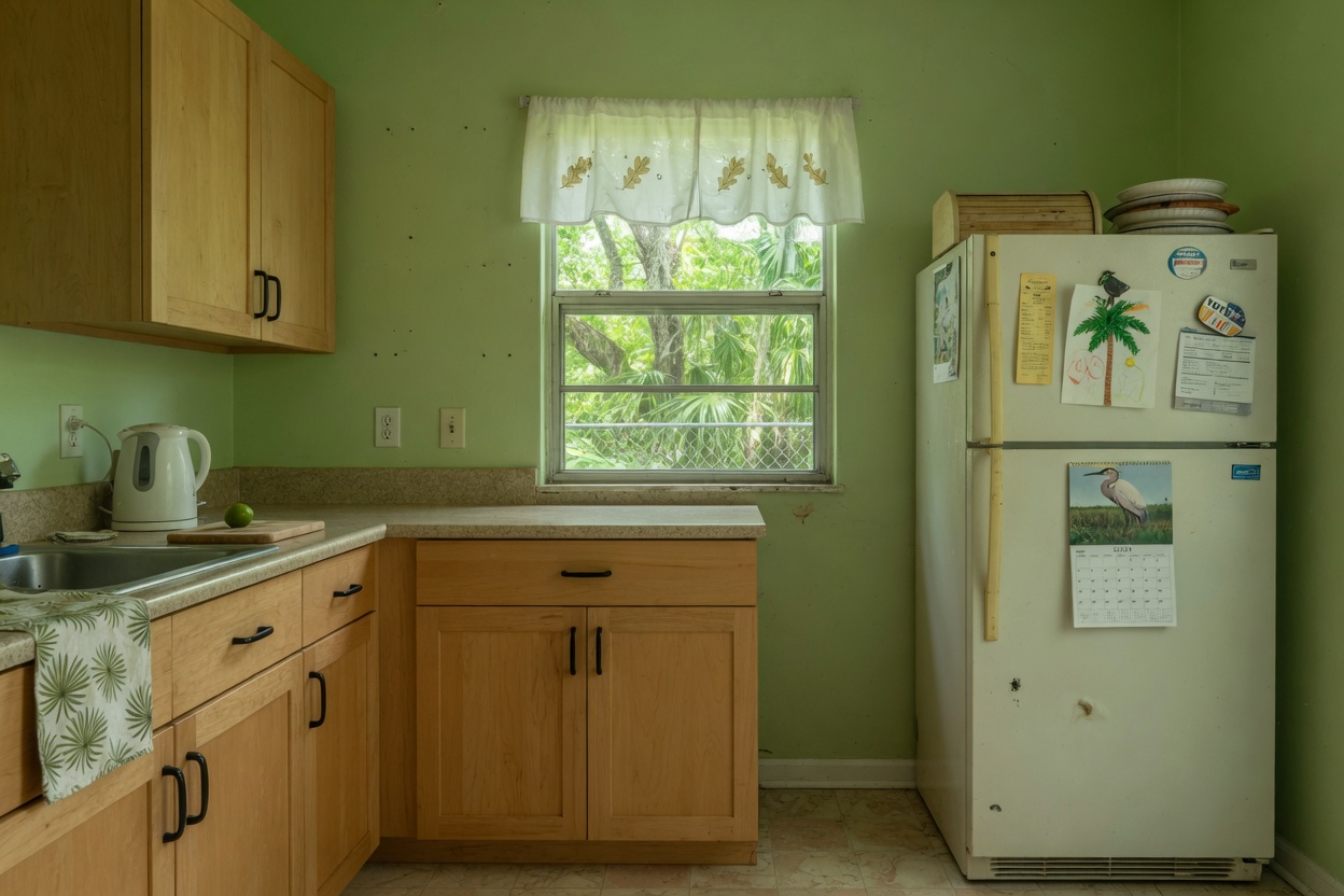 Canopy-shaded kitchen with an older refrigerator beside updated cabinets