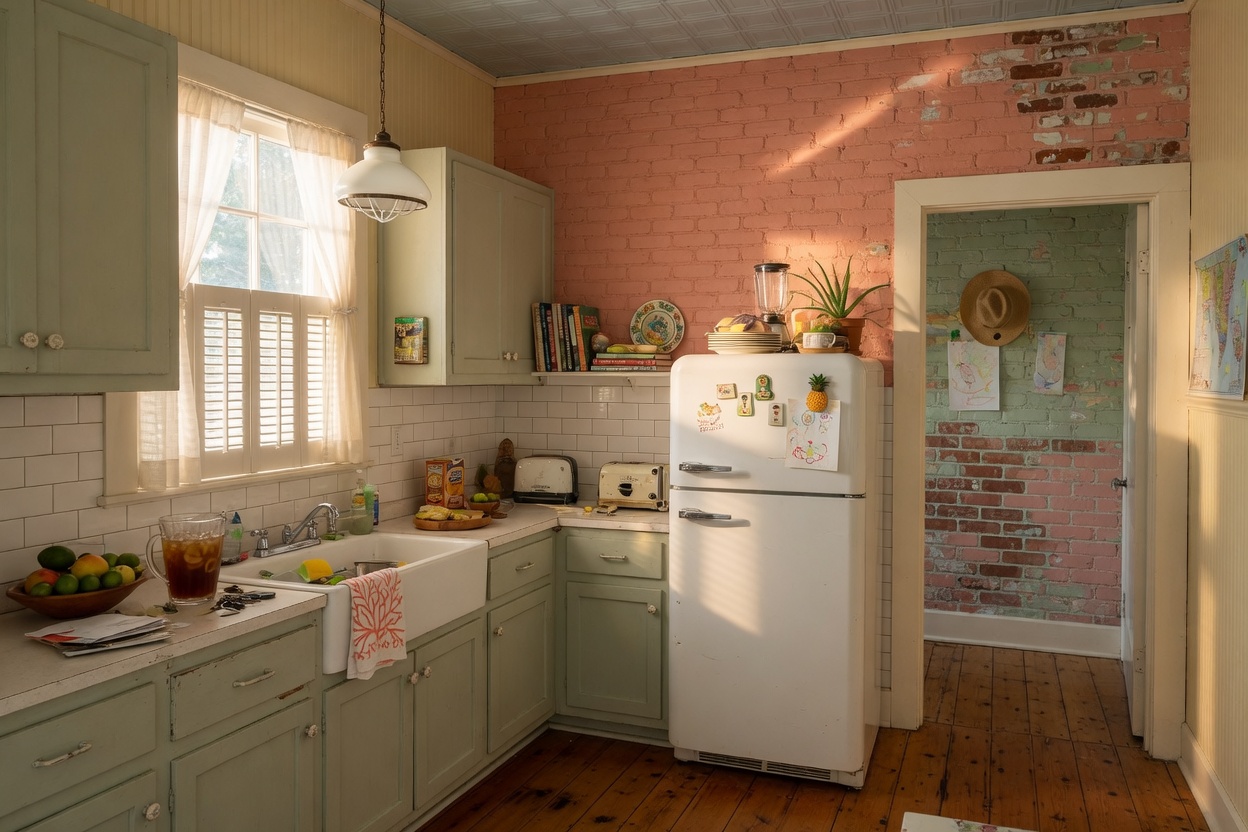 Renovated historic kitchen with a compact refrigerator and brick in the doorway