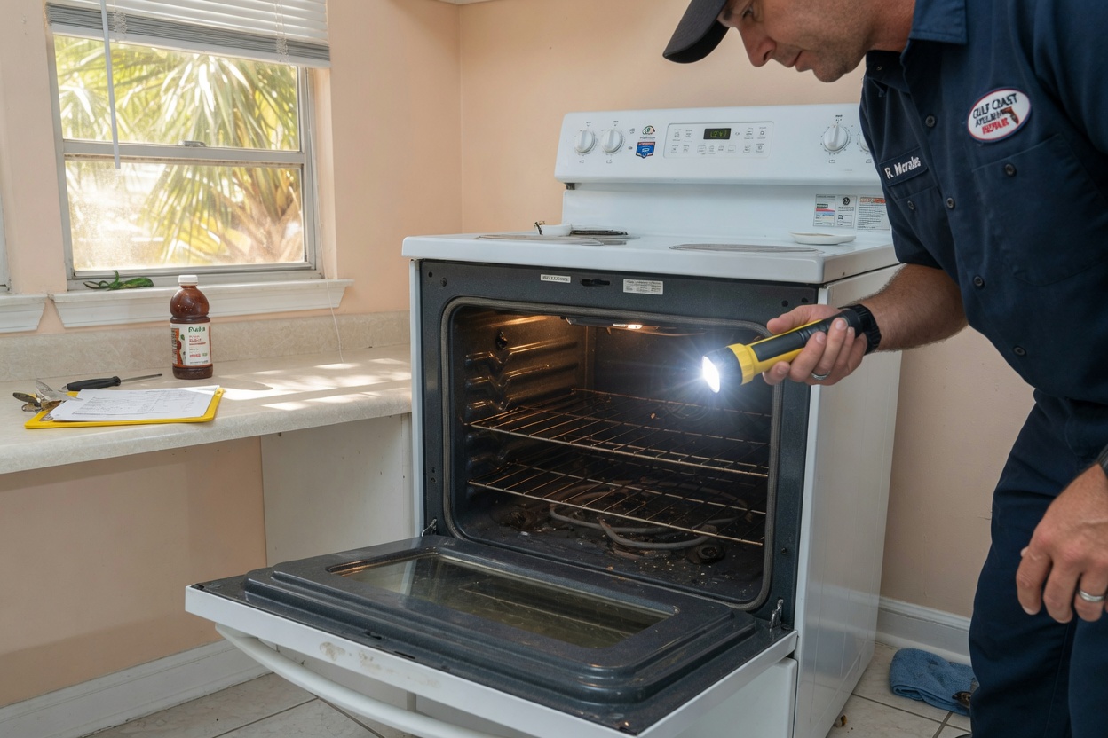 Open oven door while the bake area is checked with a flashlight