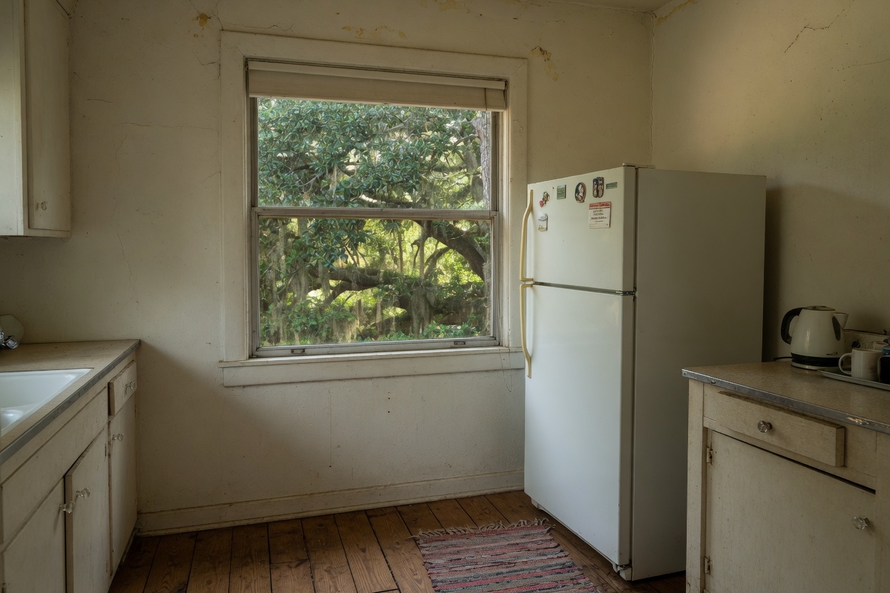Older Tallahassee kitchen with a refrigerator under live oak shade